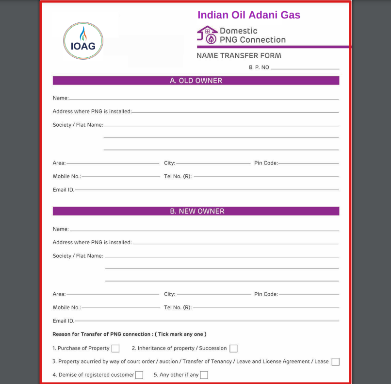 इंडियनऑयल-अदानी गैस मिलिटेड के कनेक्शन में नाम कैसे ट्रांसर कर सकते हैं?